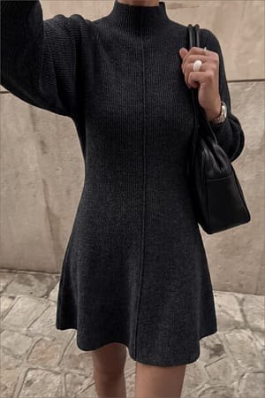 Grey Melange Balloonærmet Strikket Turtleneck Kjole