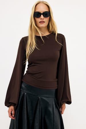 Brown Balloon Sleeve Long Sleeve Jersey Top