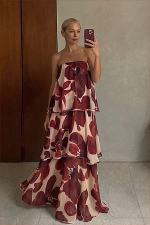 Abstract Floral Bandeau-maxikjole med vidde og lag