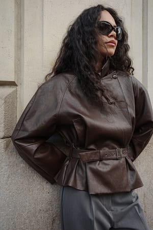 Brown Belted Detail Faux Leather Jacket