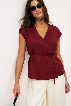 Dark Red Belted Wrap Top