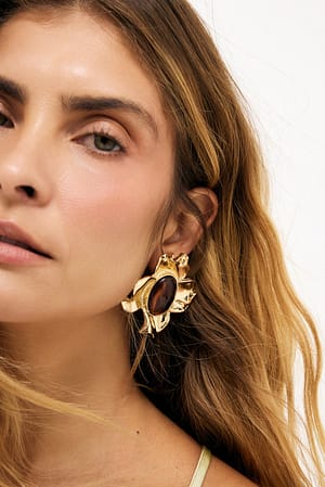 Gold Boucles d'oreilles avec grosse pierre fleur