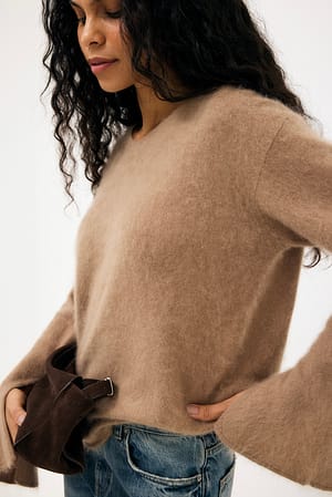 Beige Brushed Wool Deep V-neck Knitted Sweater