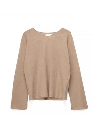 Beige Brushed Wool Deep V-neck Knitted Sweater