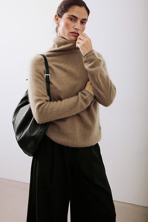 Beige Brushed Wool Knitted Turtleneck Sweater