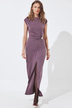 Dark Violet Buckle Short Sleeve Maxi Dress