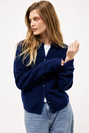 Navy Knopf Rundhals Strickjacke