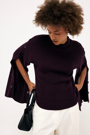 Aubergine Pull en tricot à manches boutonnées