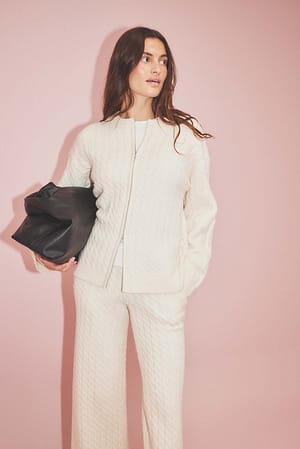 Beige Cable Knit Zip Sweater