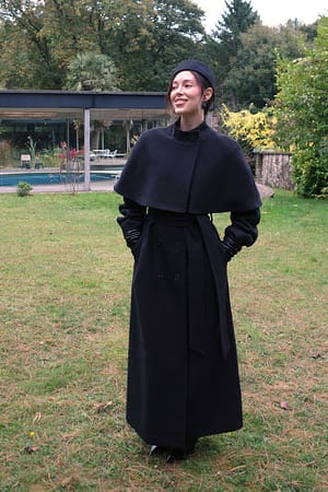 Black Cape Detail Wool Blend Coat