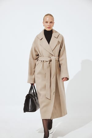 Taupe Oversized Wool Blend Belted Coat