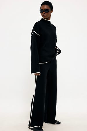 Black Contrast Detail Knitted Wide Pants