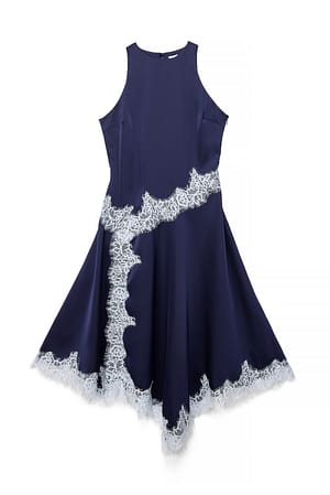 Navy Contrast Lace Satin Midi Dress