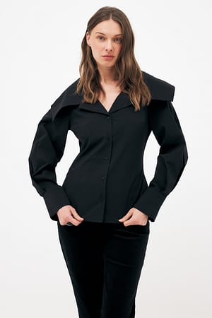 Black Cotton Lapel Collar Blouse