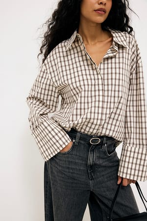 Cream Check Cuff Detail Oversized Cotton Shirt