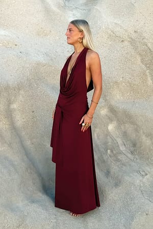Burgundy Deep Neck Halterneck Maxi Dress
