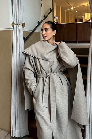 Beige Wool Blend Scarf Detail Coat