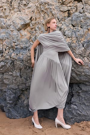 Grey Draped Balloon Hem Maxi Dress