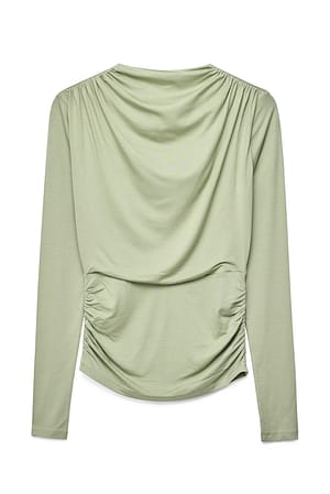 Khaki Drapert topp i jersey med lange ermer
