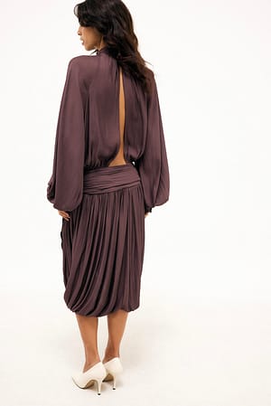 Plum Draped Long Sleeve Open Back Midi Dress