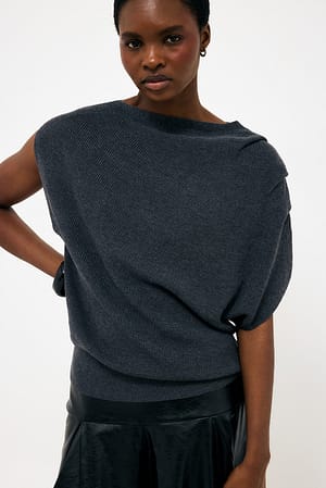 Dark Grey Draped Shoulder Knitted Top
