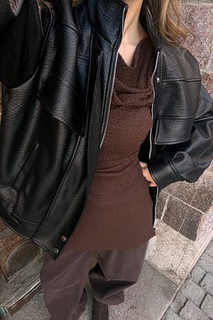 Brown Draped Structured Long Sleeve Top