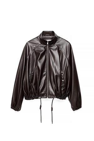 Brown Drawstring Detail Faux Leather Jacket