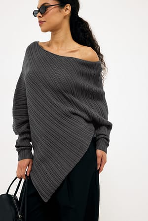 Dark Grey Draped Rib Knitted Asymmetric Sweater