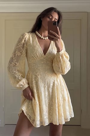 Yellow Embroidered Chiffon Long Sleeve Mini Dress