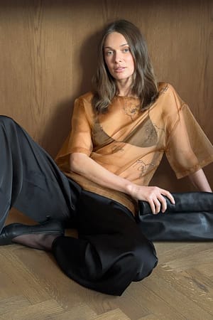 Caramel Embroidered Organza T Shirt