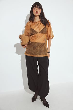 Caramel Embroidered Organza T Shirt