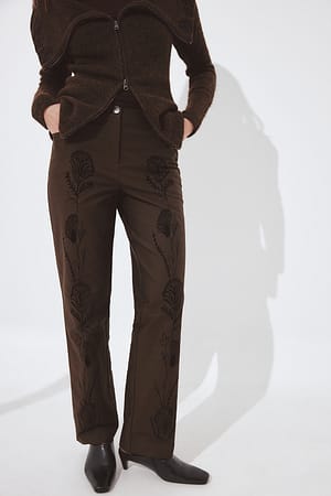 Dark Brown Embroidery Detail Twill Trousers