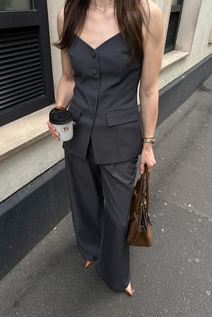 Grey Tailored Button Front Strap Top