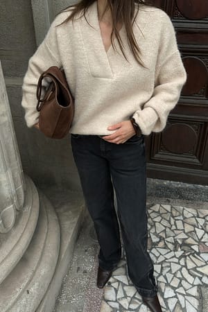 Offwhite Knitted Oversized V-Neck Sweater
