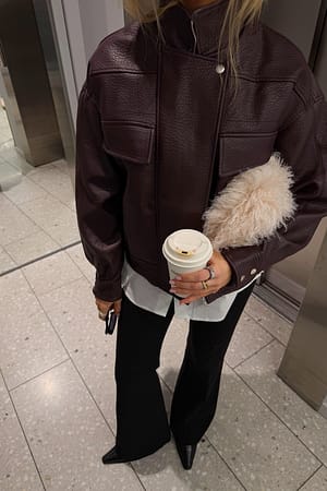 Burgundy High Neck Faux Leather Jacket