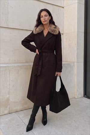 Dark Brown Faux Fur Detail Trenchcoat