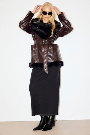 Burgundy Faux Leather Belted Jacket