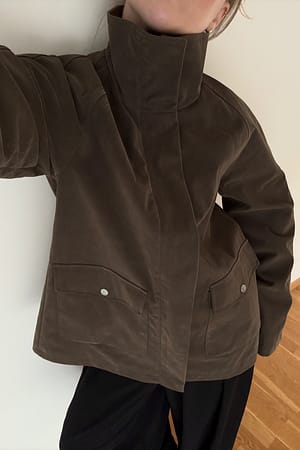 Khaki Green Faux Suede High Neck Jacket