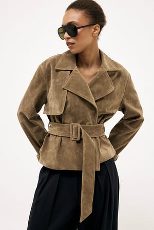 Beige Faux Suede Short Trenchcoat