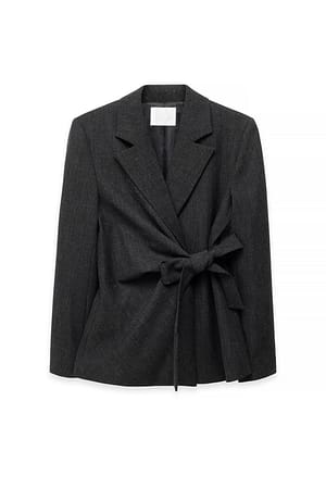 Grey Melange Fitted Tie Detail Blazer