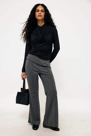 Grey Melange Fold Waist Mid Waist Trousers