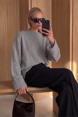 Mid Grey Folded Sleeve Knitted Sweater
