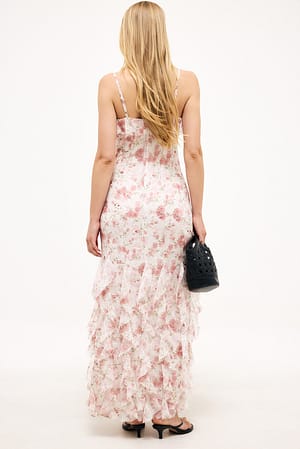 soft pink floral lace back maxi dress Lace-Trim Satin Floral Maxi Dress