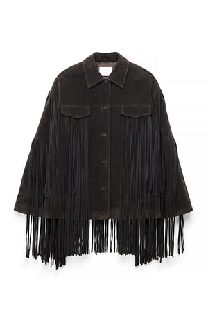 Dark Brown Jakke i imiteret ruskind med frynsedetalje