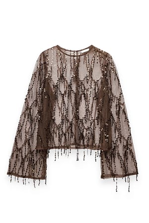 Dark Brown Fringe Sequin Long Sleeve Top