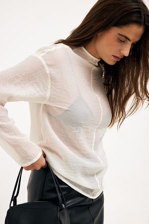 Cream Funnel Neck Seam Detail Crinkle Top