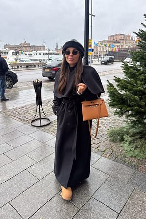 Black Cape Detail Wool Blend Coat