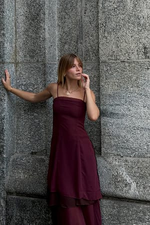 Dark Plum Chiffon Layered Midi Dress