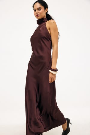 Plum Halterneck Satin Maxi Dress