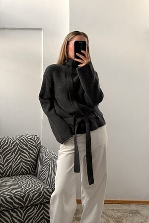 Charcoal Heavy Knitted Tie Band Cardigan